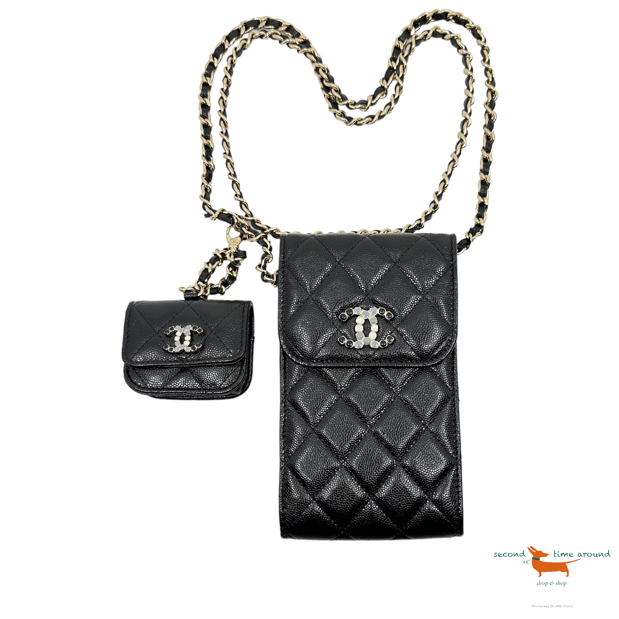 Chanel Caviar Quilted Crystal CC Airpods Pro and Phone Case With Chain Black