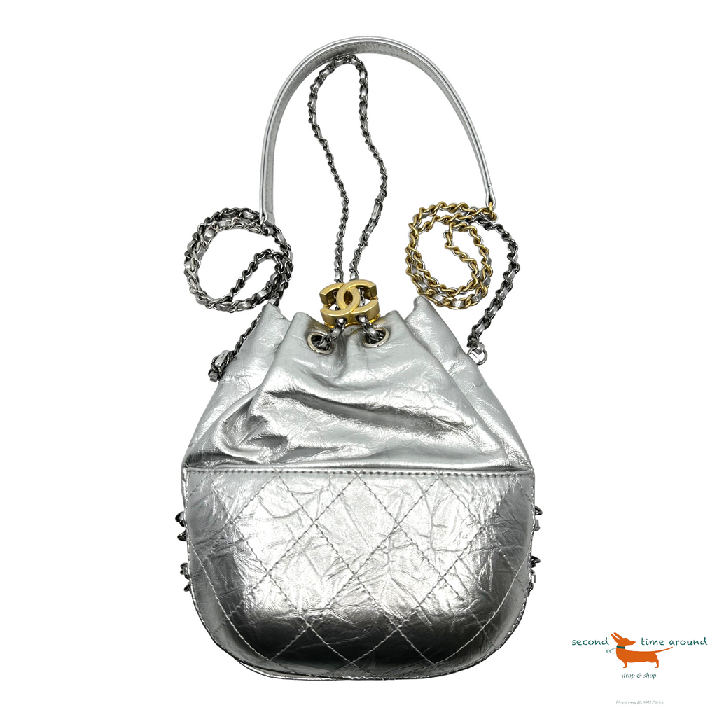 Chanel Silver Quilted Leather Small Gabrielle Bucket Bag