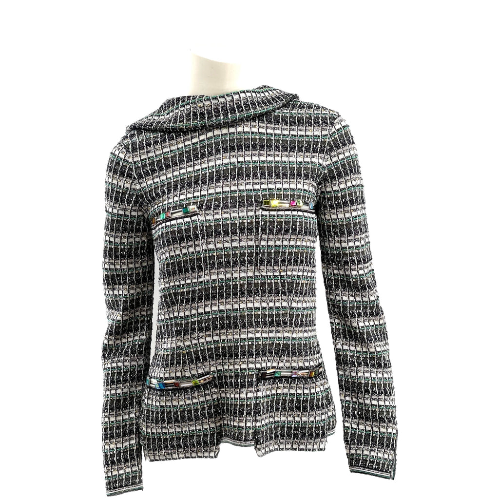 Chanel Monochrome Silk Blend Crystal Embellished Plunge Back Tweed Blazer