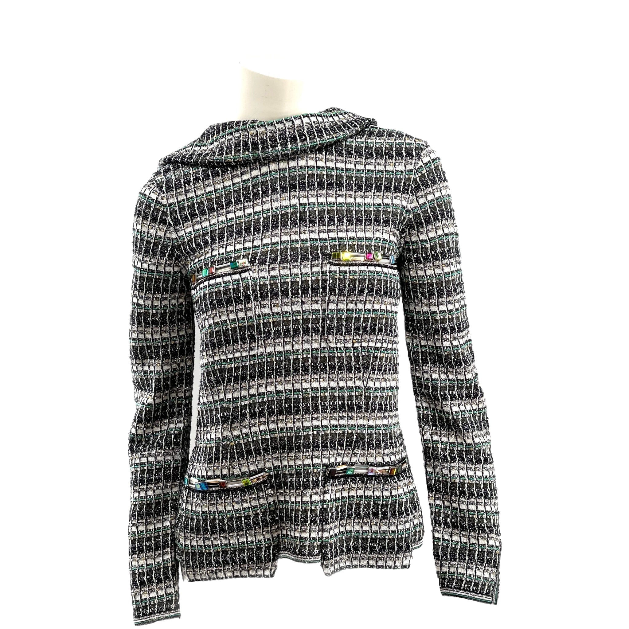 Chanel Monochrome Silk Blend Crystal Embellished Plunge Back Tweed Blazer