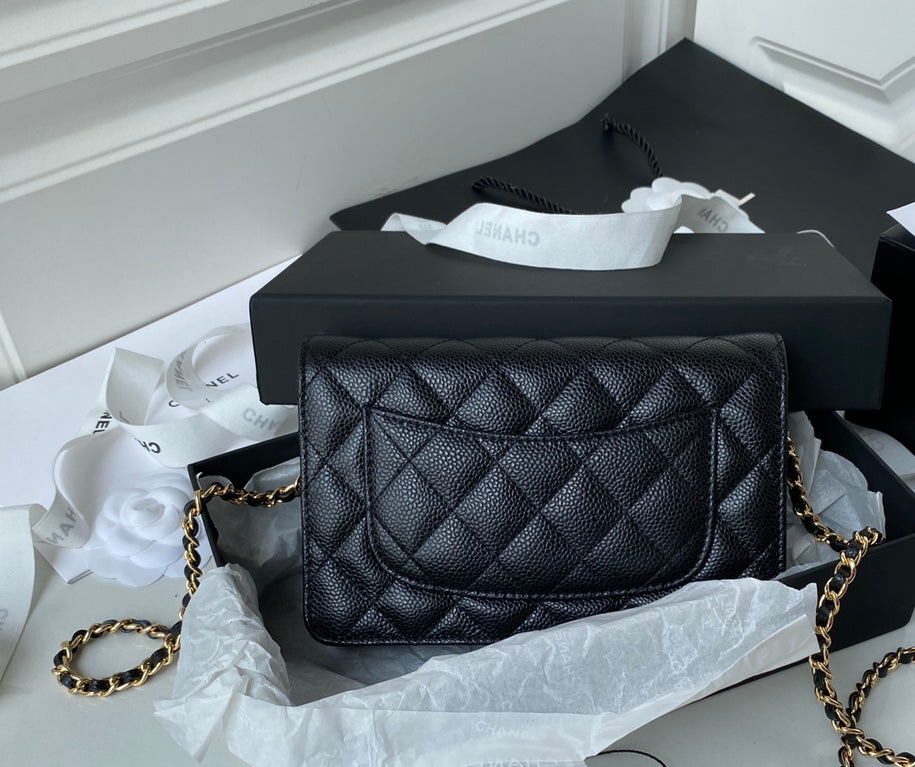 CHANEL CLASSIC WALLET ON CHAIN BLACK CAVIAR, GOLD HARDWARE