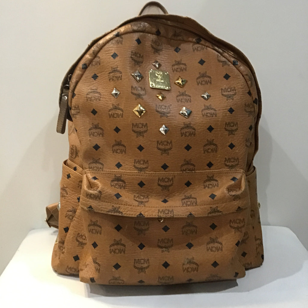 MCM Cognac Brown Visetos Stark Leather Backpack