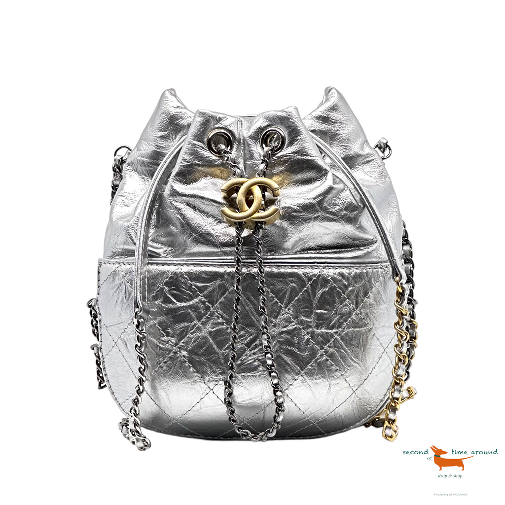 Chanel Silver Quilted Leather Small Gabrielle Bucket Bag