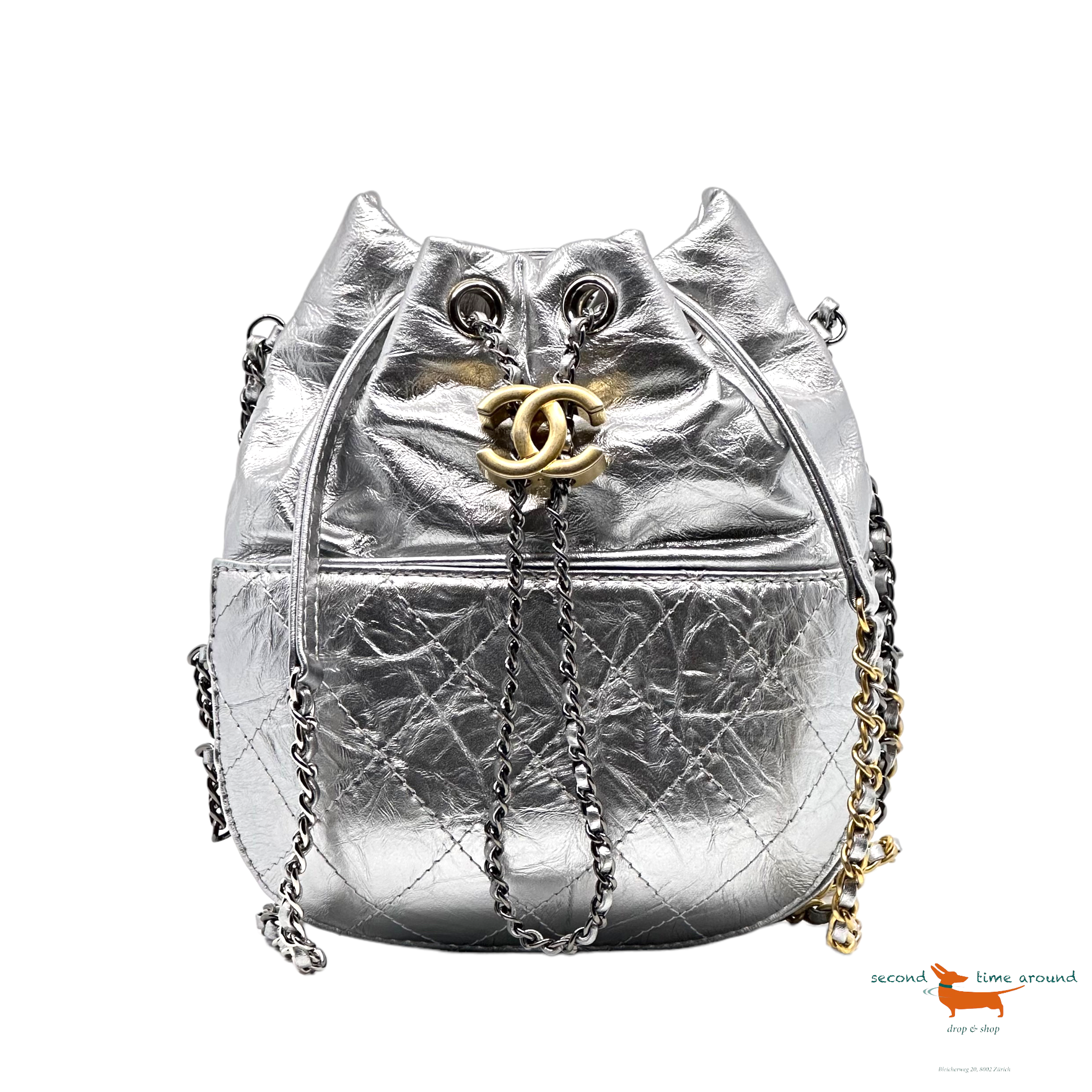 Chanel Silver Quilted Leather Small Gabrielle Bucket Bag