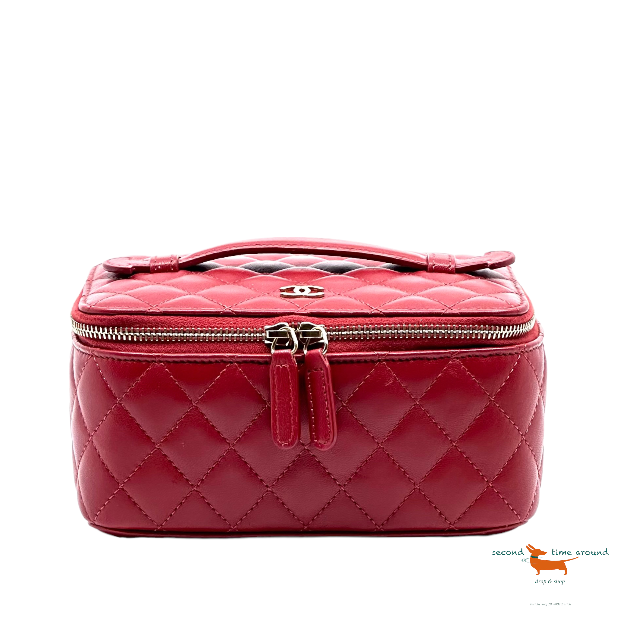 Chanel 20C Red Vanity Jewelry Travel O Case CC Quilted Top Handle Bag