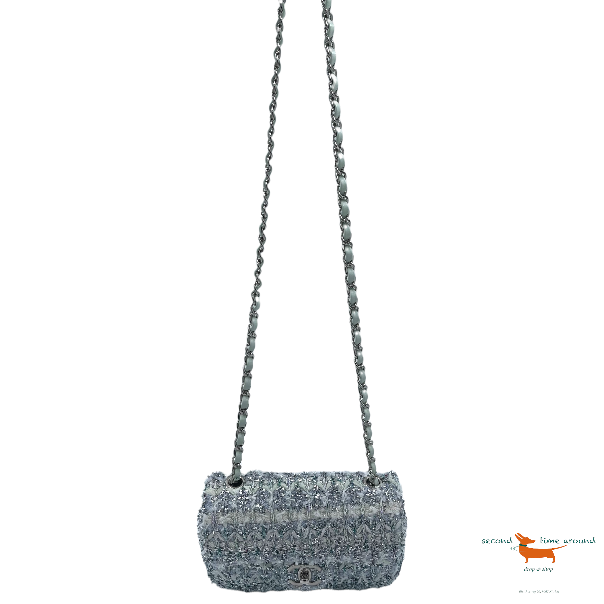 Chanel Classic Flap  Single Quilted and Ribbon Mini Blue Green Silver Tweed Cross Body Bag