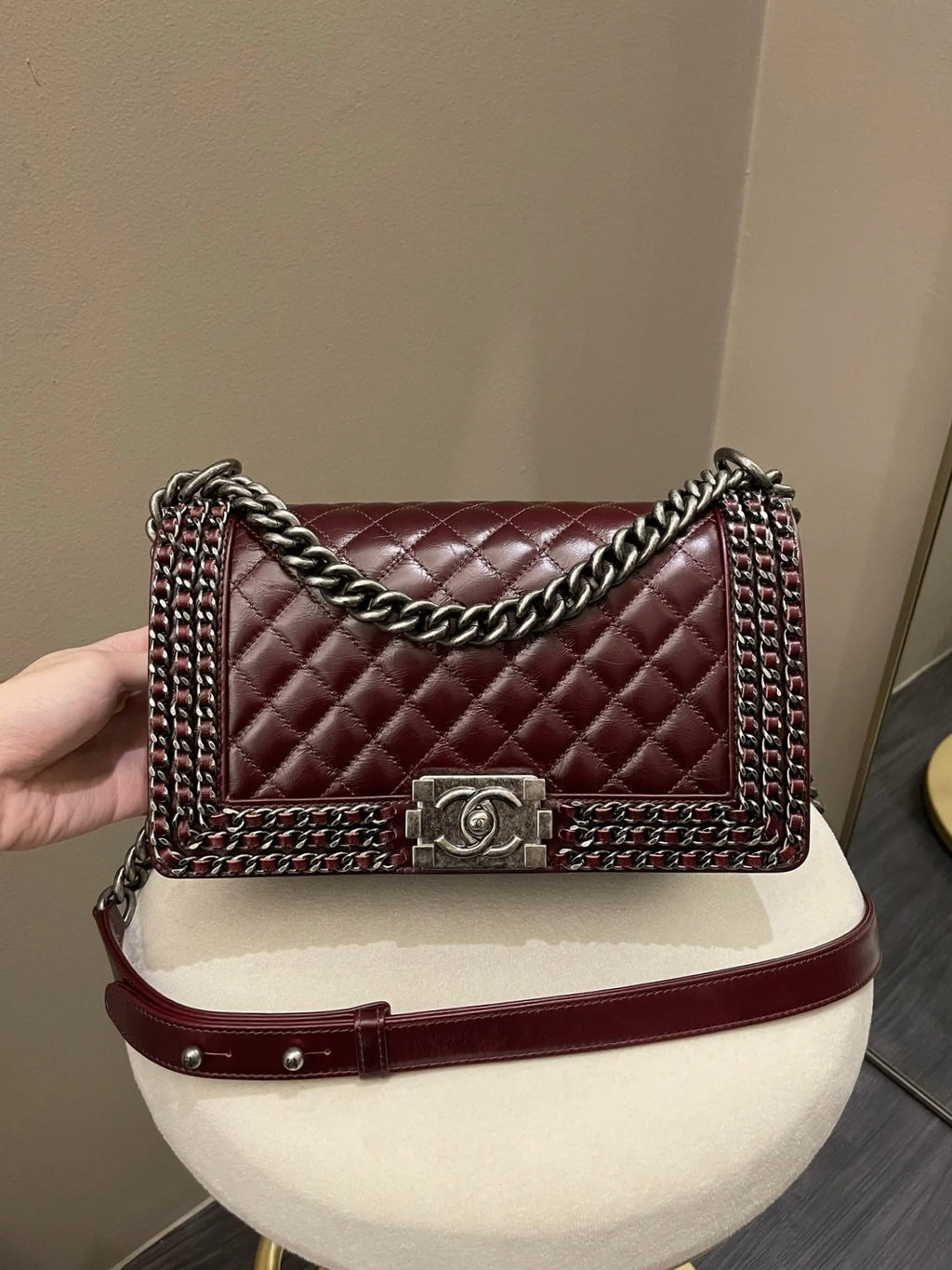 Chanel Quilted Old Medium Chained Boy Bag Burgundy Aged Calfskin