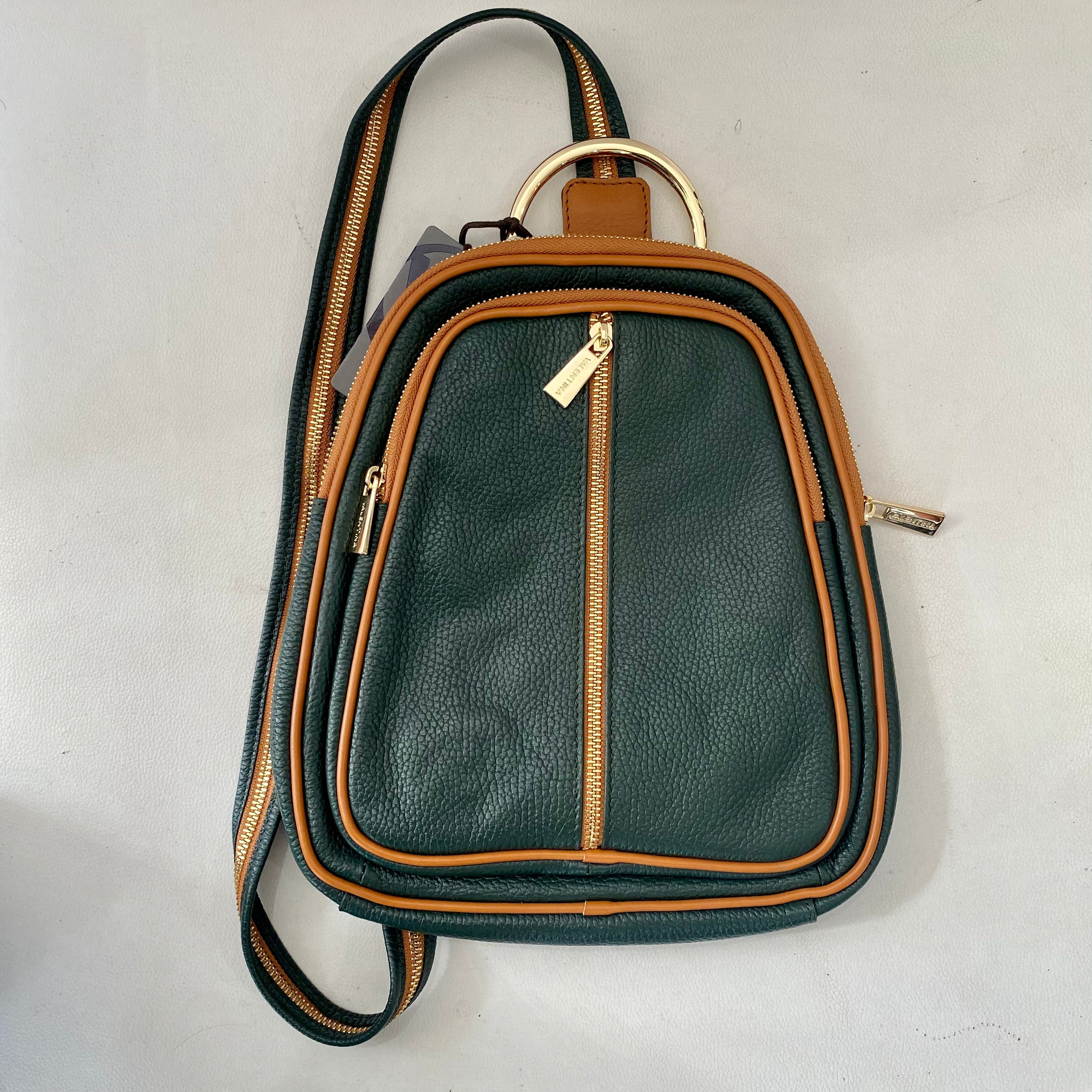 VALENTINA Convertible Backpack/ Shoulder Bag Green and Tan Leather NWT
