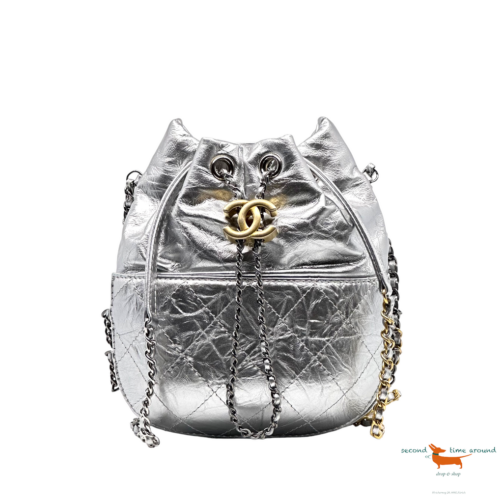 Chanel Silver Quilted Leather Small Gabrielle Bucket Bag