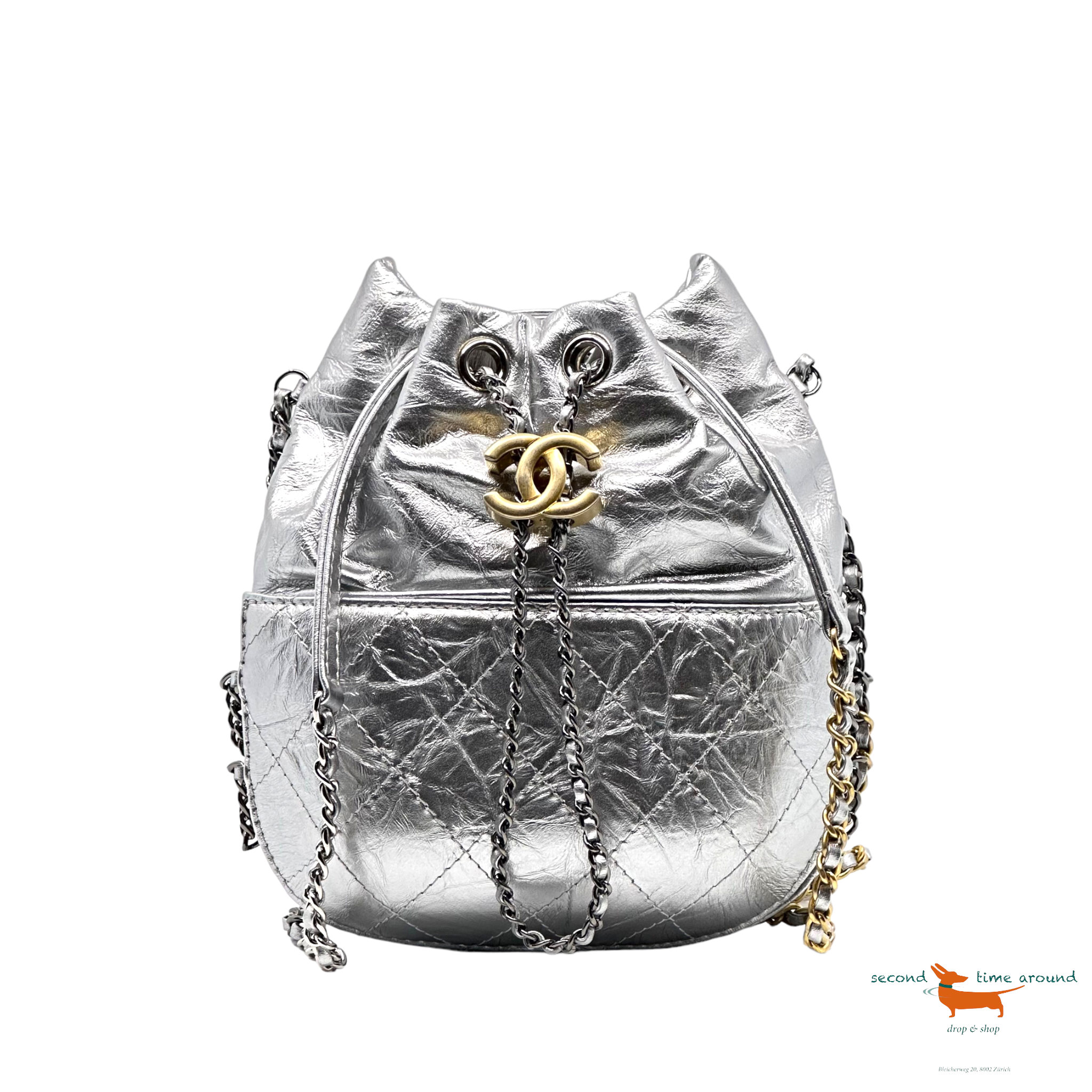 Chanel Silver Quilted Leather Small Gabrielle Bucket Bag