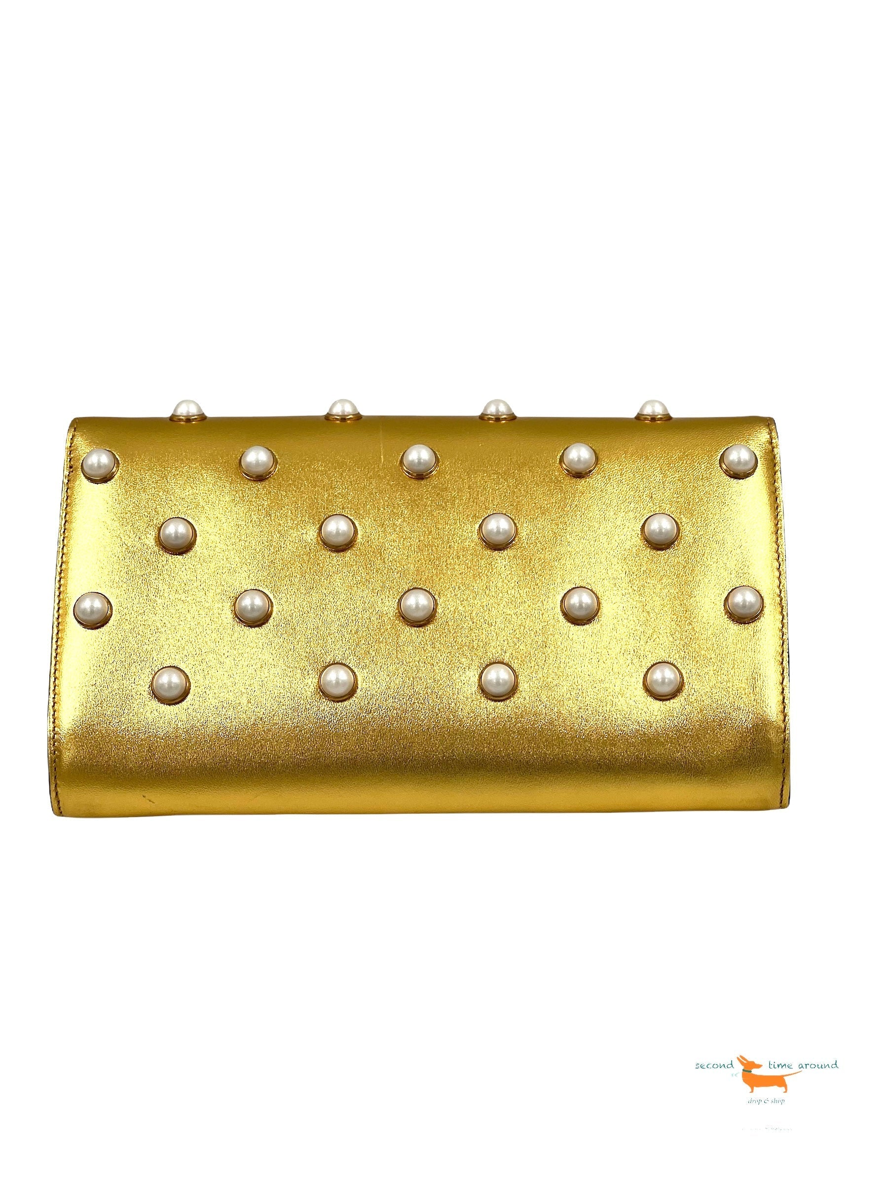 Gucci Broadway Clutch aus Leder in Metallic-Optik mit Kunstperlenverzierung