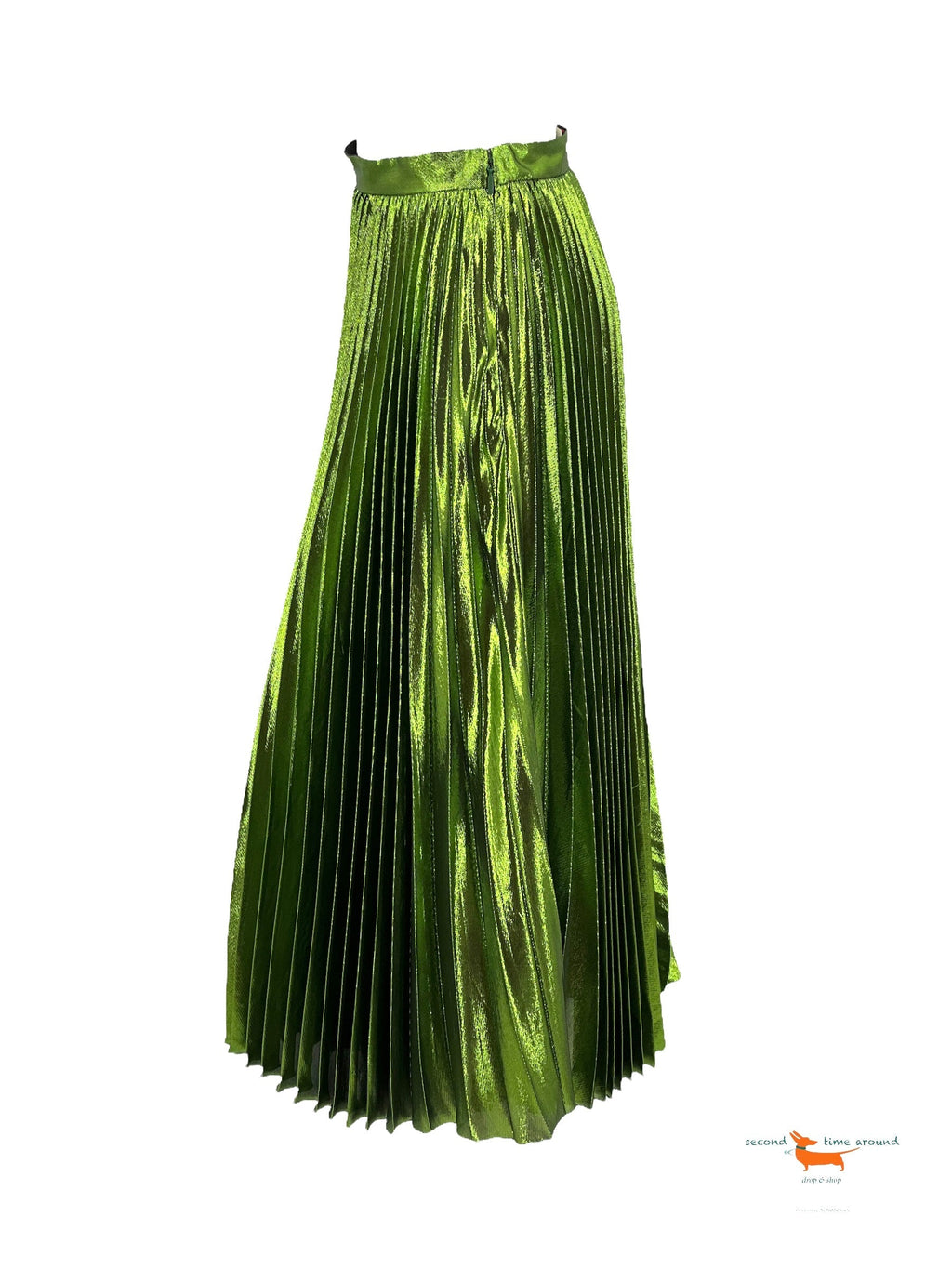 Gucci Green Metallic Plisse Silk Pleated Midi Skirt