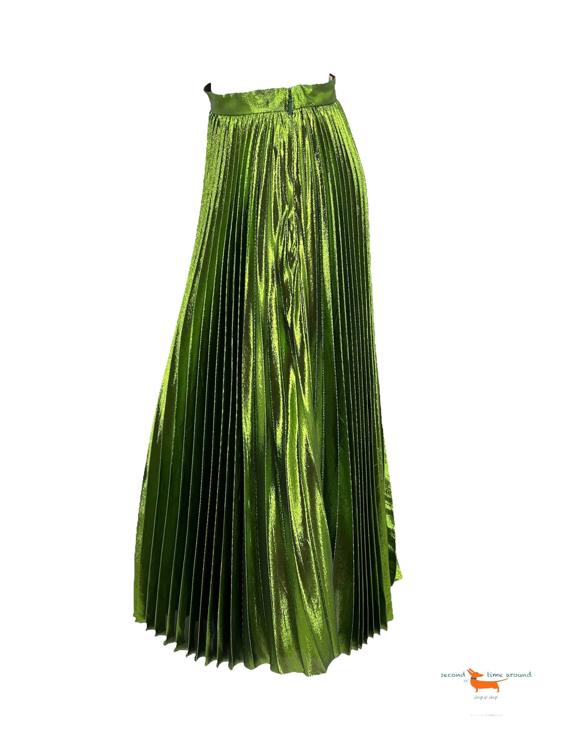 Gucci Green Metallic Plisse Silk Pleated Midi Skirt