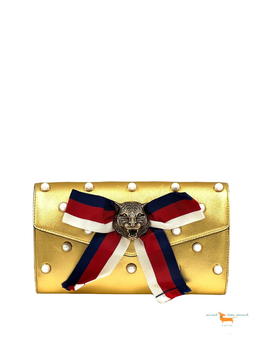 Gucci Broadway Clutch aus Leder in Metallic-Optik mit Kunstperlenverzierung