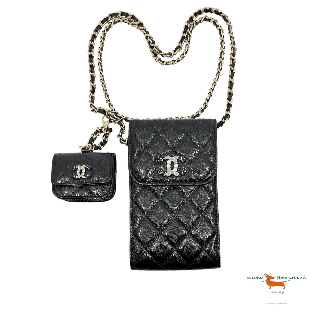 Chanel Caviar Quilted Crystal CC Airpods Pro and Phone Case With Chain Black
