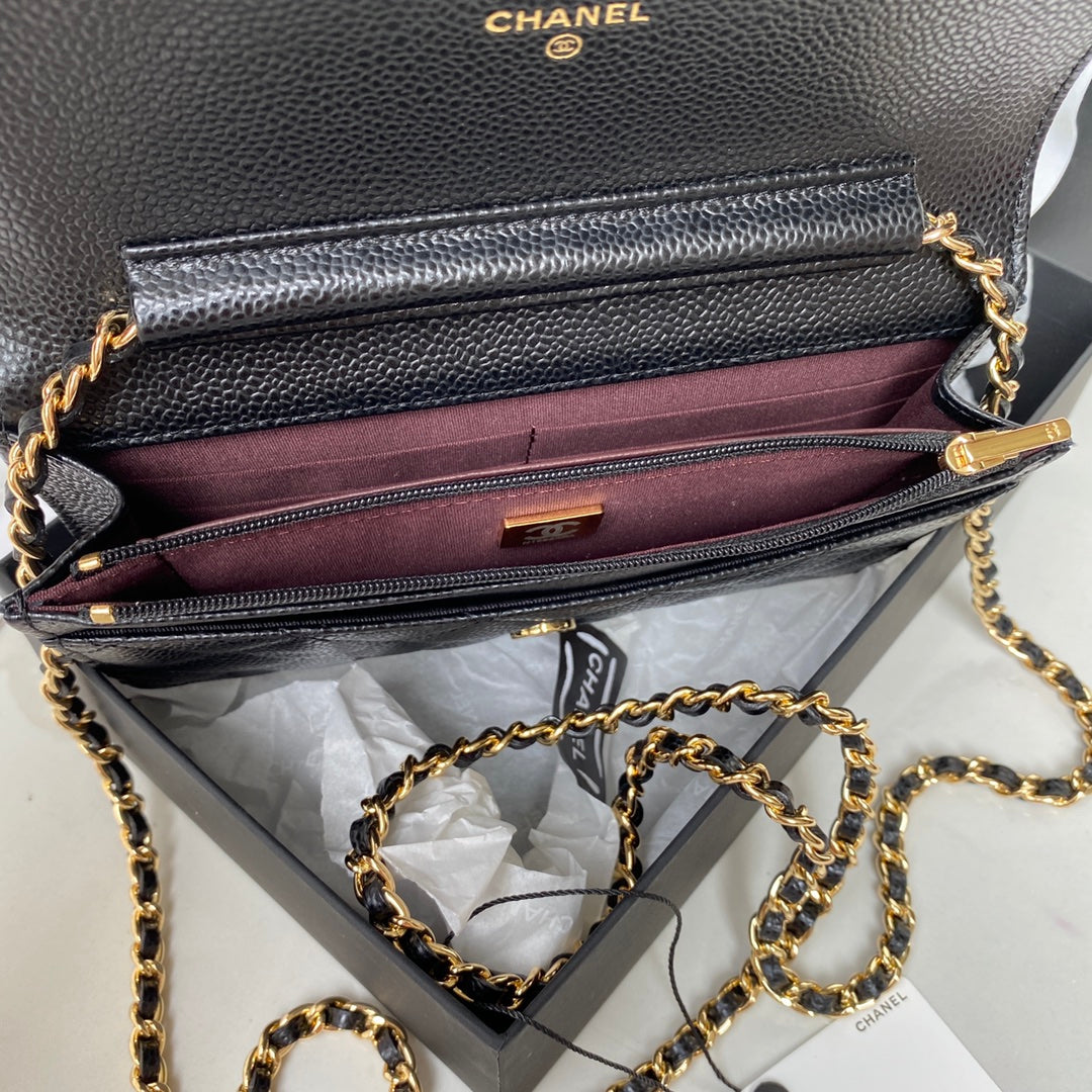 CHANEL CLASSIC WALLET ON CHAIN BLACK CAVIAR, GOLD HARDWARE