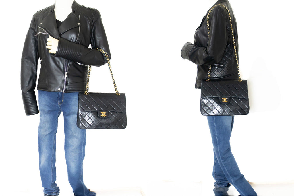 CHANEL Classic Double Flap Chain Shoulder Bag Black Lambskin Purse k88