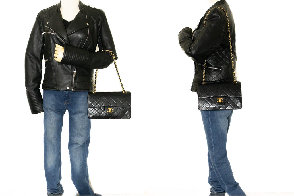 CHANEL Classic Double Flap 9" Chain Shoulder Bag Black Lambskin k10