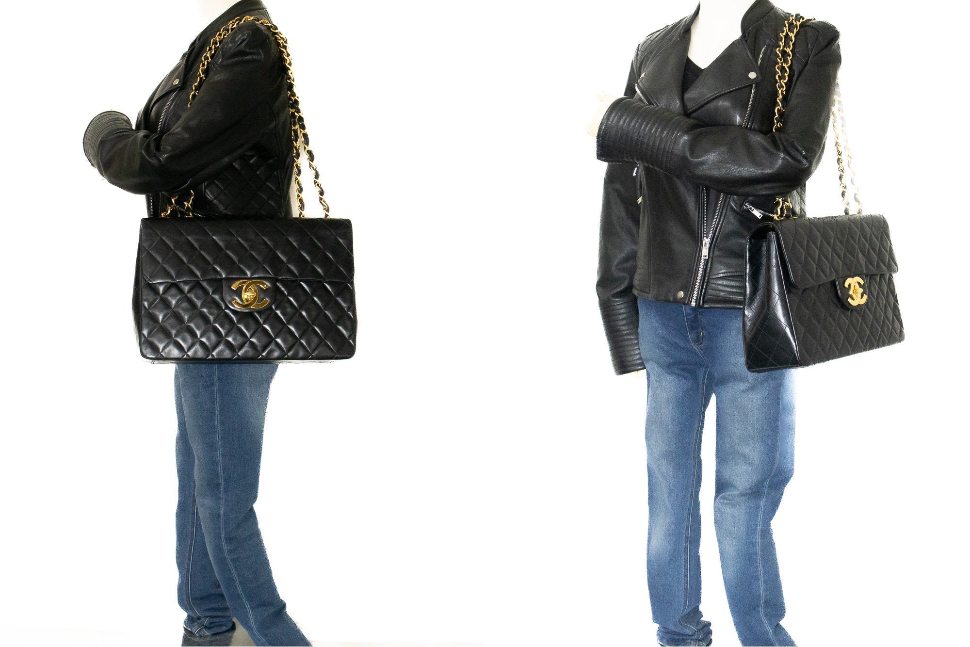 CHANEL Classic Large 13" Flap Chain Shoulder Bag Black Lambskin j63