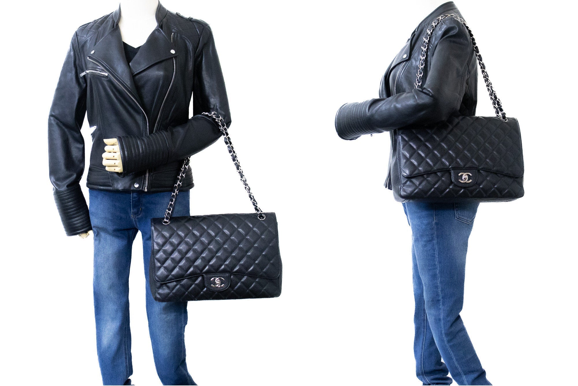 CHANEL Caviar Grained Calfskin Flap Chain Shoulder Bag Black 13" i90