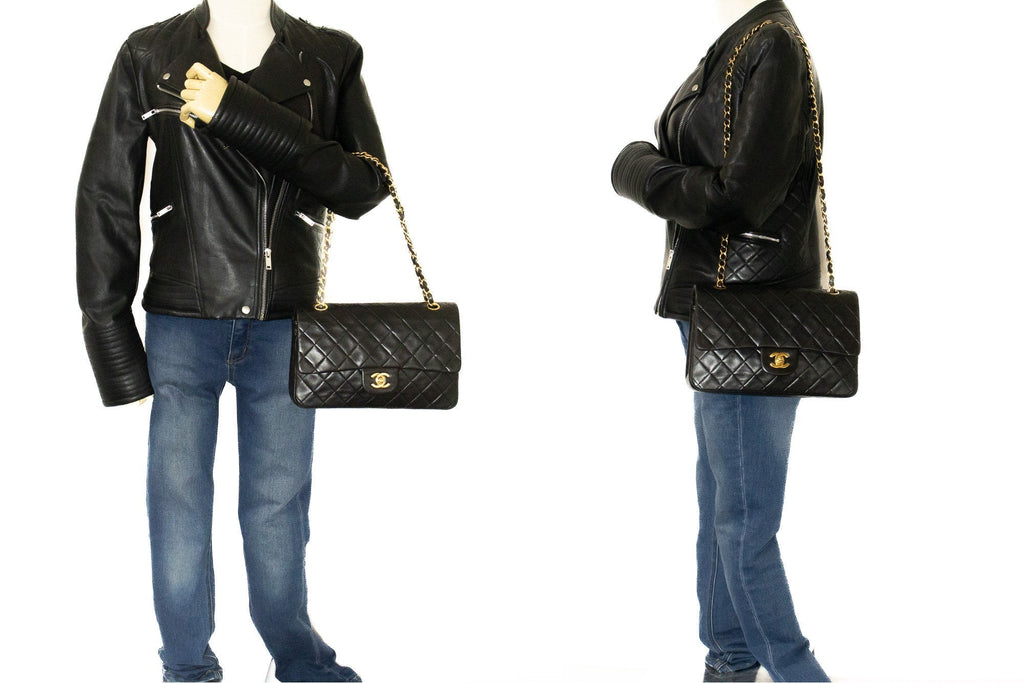 CHANEL Classic Double Flap 10" Chain Shoulder Bag Black Lambskin k04