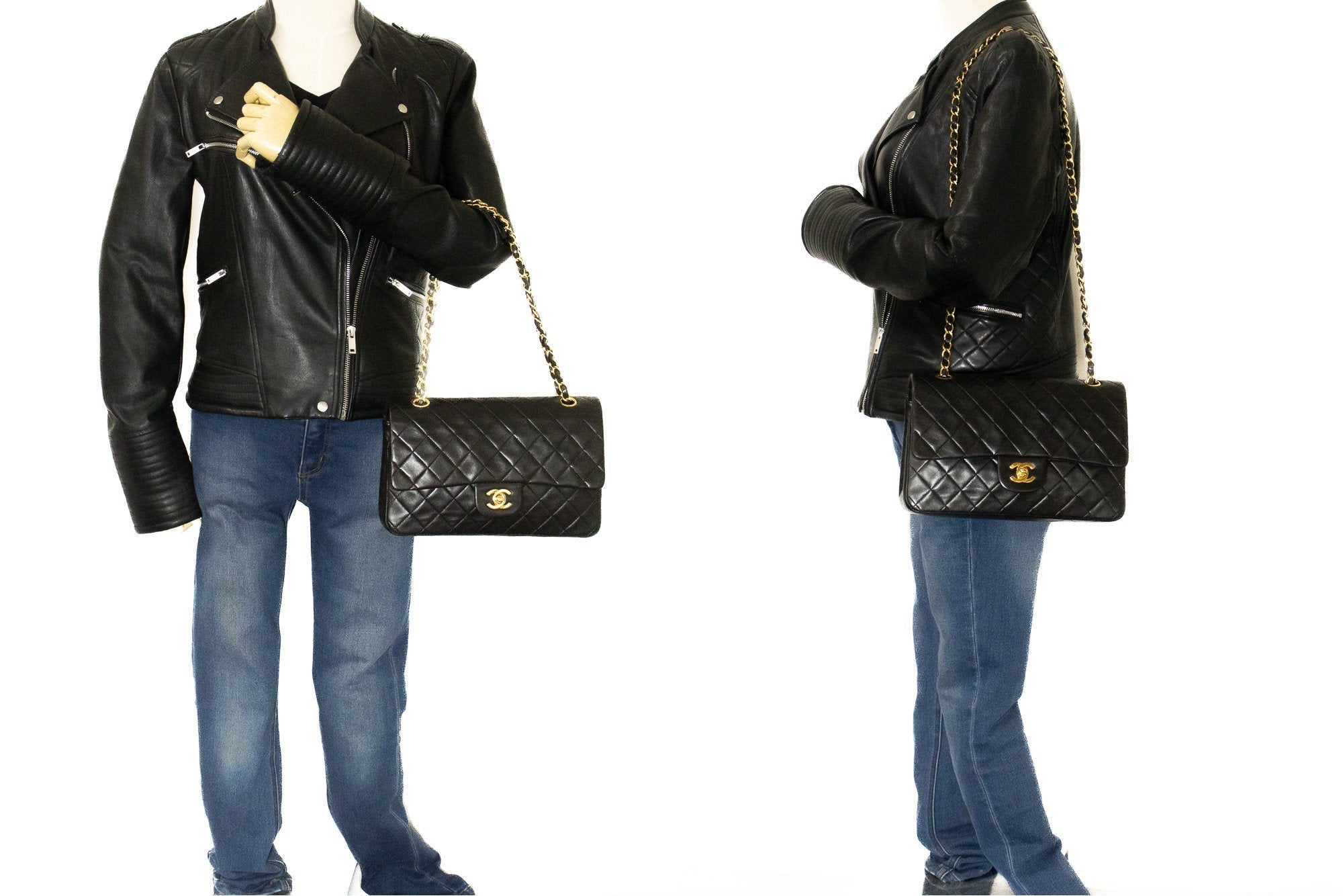 CHANEL Classic Double Flap 10" Chain Shoulder Bag Black Lambskin k04