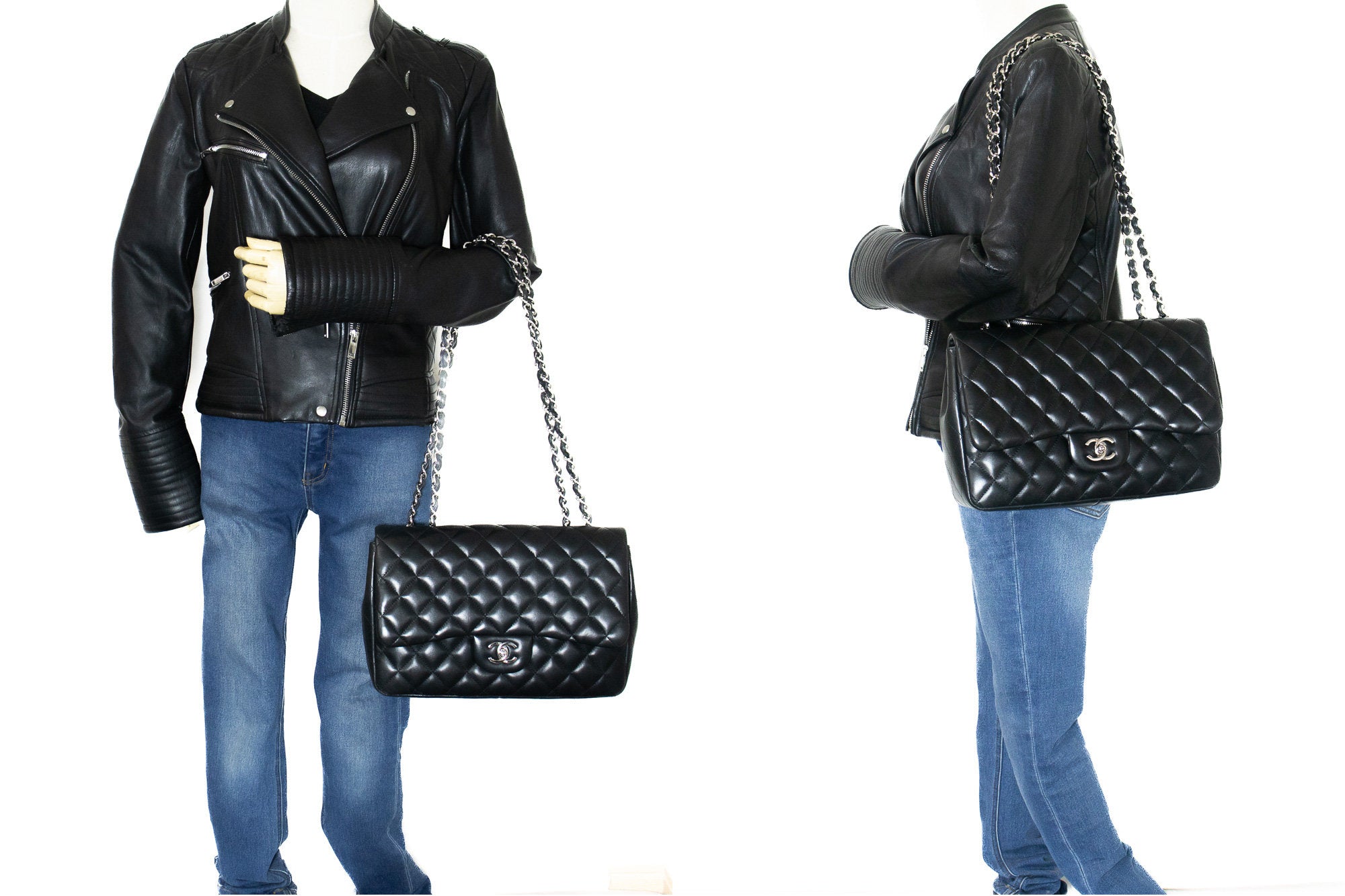 CHANEL Classic Large 11" Chain Shoulder Bag Flap Black Lambskin j42