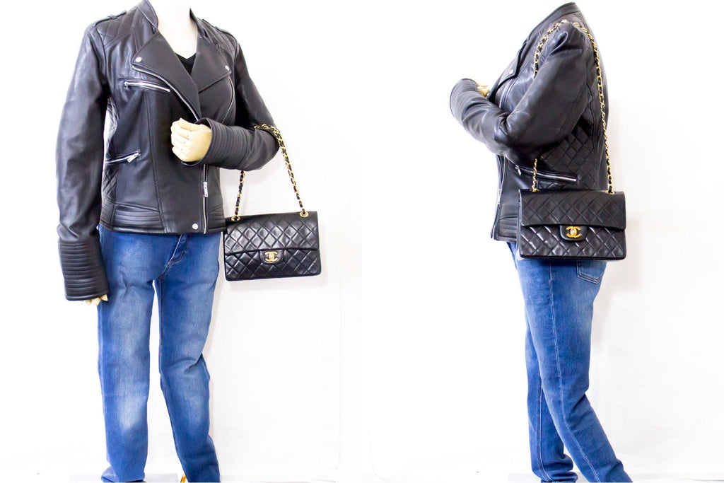 CHANEL 2.55 Double Flap Small Chain Shoulder Bag Black Lambskin h21
