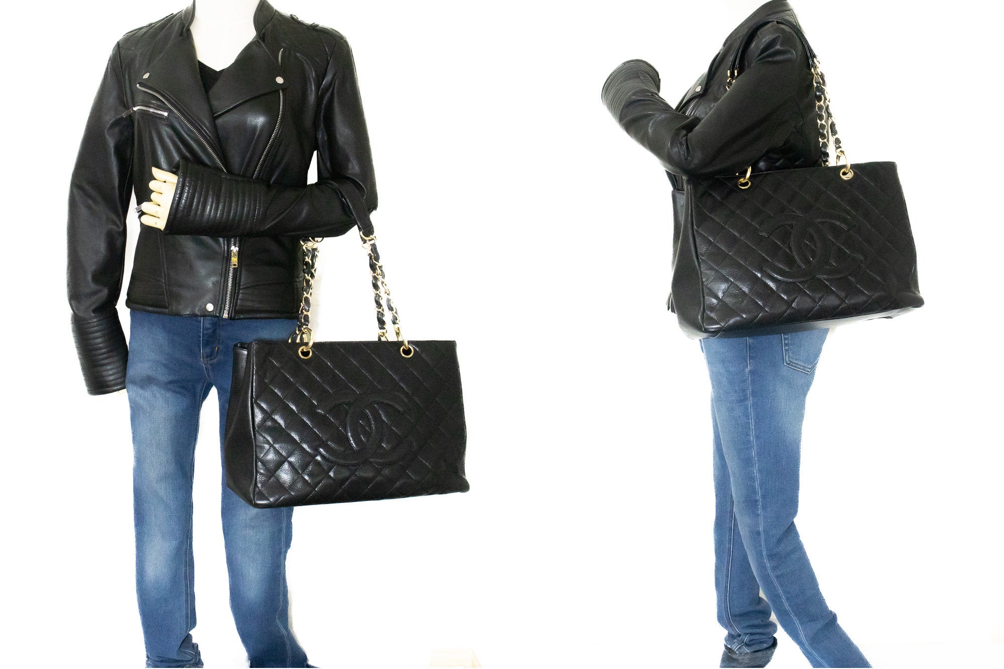 CHANEL Caviar GST 13" Grand Shopping Tote Chain Shoulder Bag Black j25