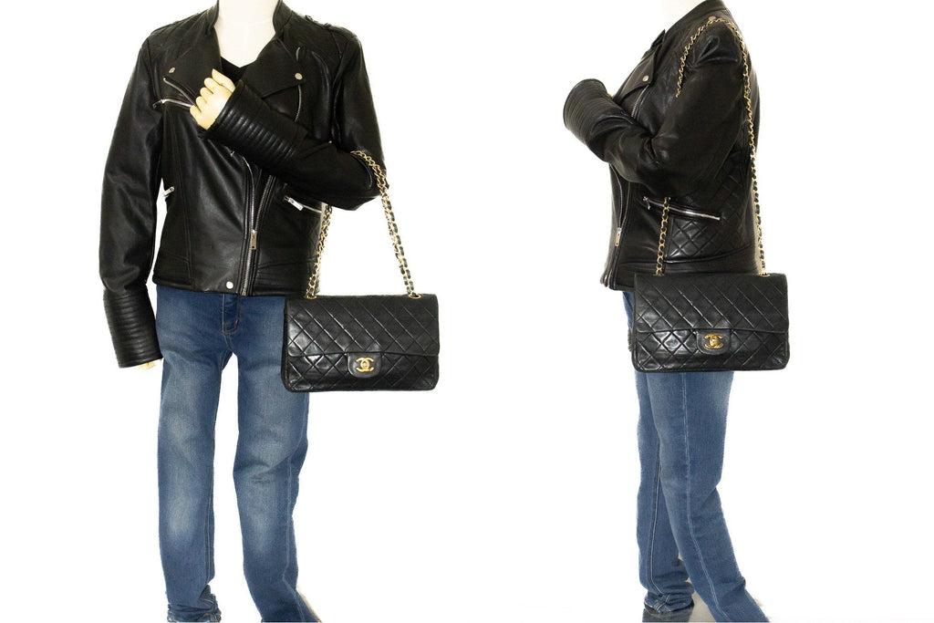 CHANEL Classic Double Flap Medium Chain Shoulder Bag Black Lamb k33