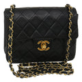 CHANEL Mini Matelasse Chain Flap Shoulder Bag Lamb Skin Black Gold ai651A