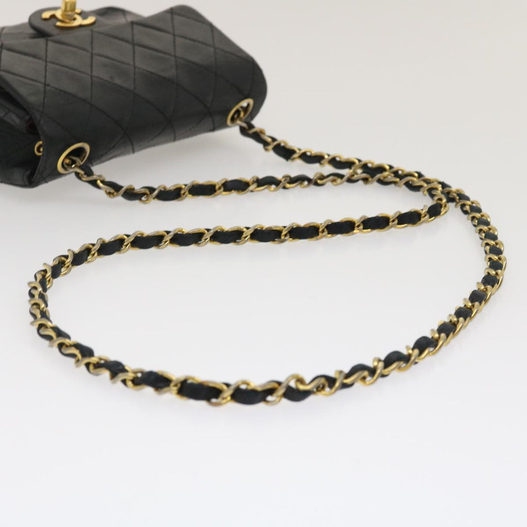 CHANEL Mini Matelasse Chain Flap Shoulder Bag Lamb Skin Black Gold ai651A