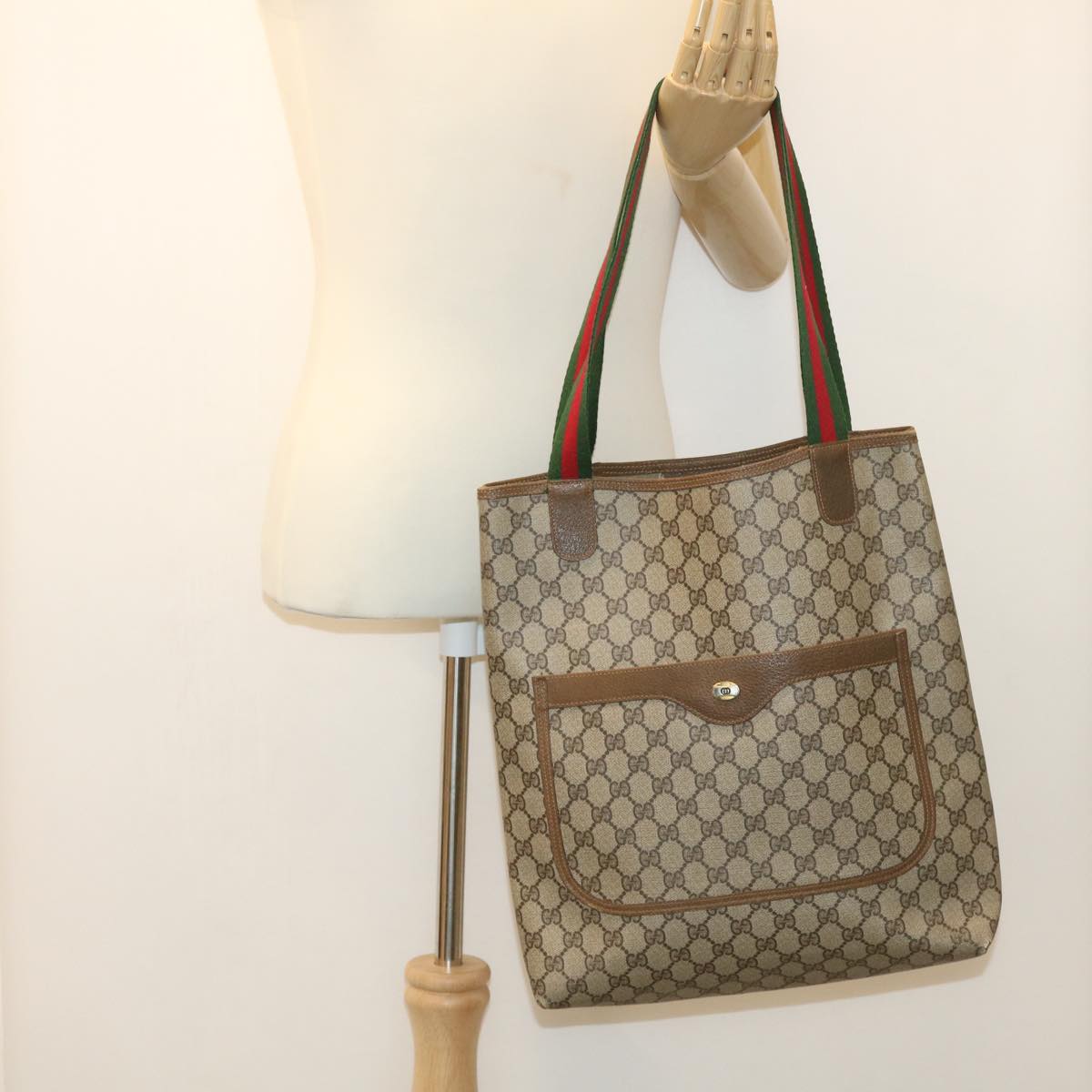 GUCCI Web Sherry Line GG Canvas Tote Bag PVC Leather Beige 40 02 003 34976