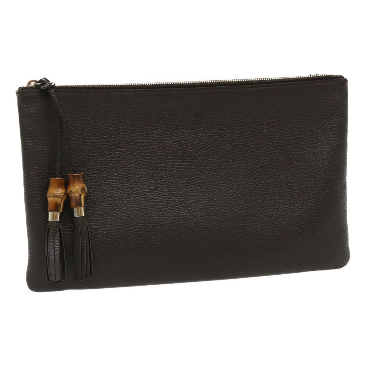 GUCCI Clutch Bag Leather Bamboo Brown ki1847