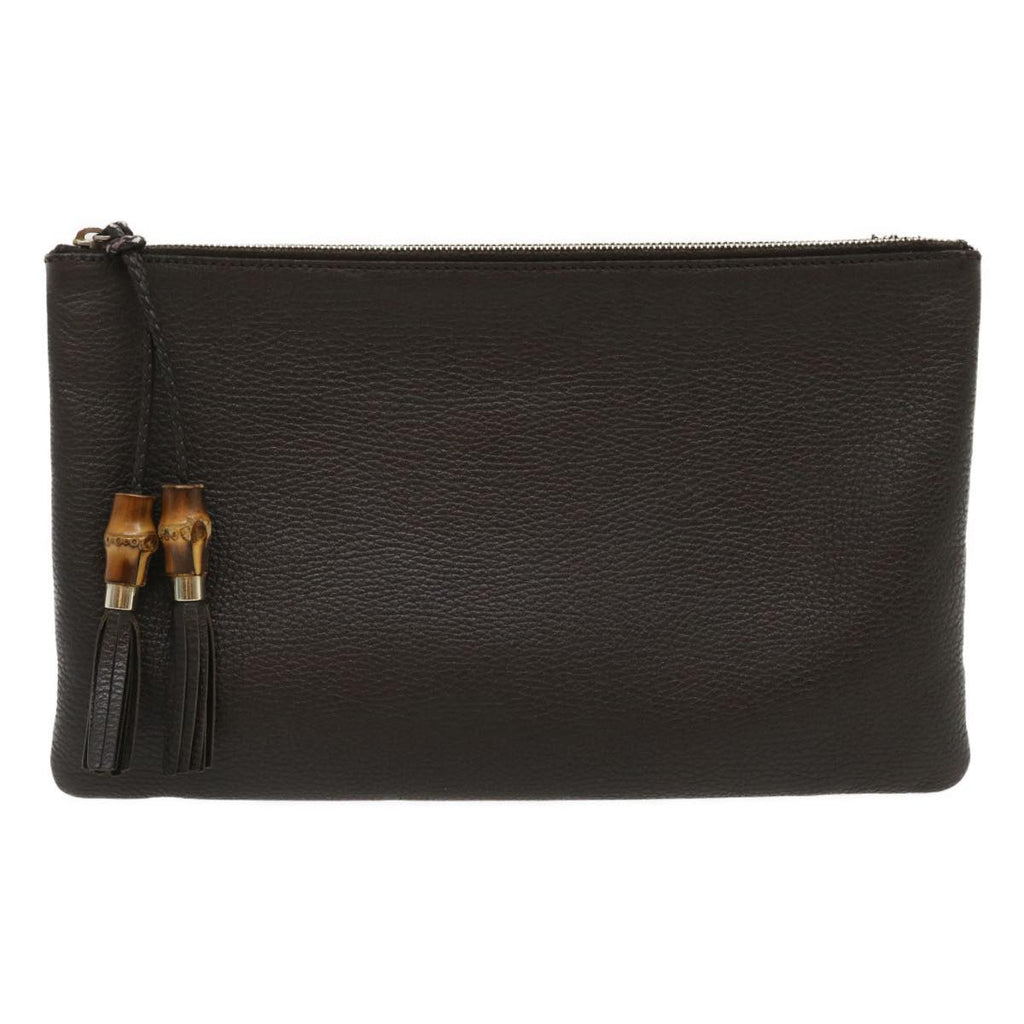 GUCCI Clutch Bag Leather Bamboo Brown ki1847