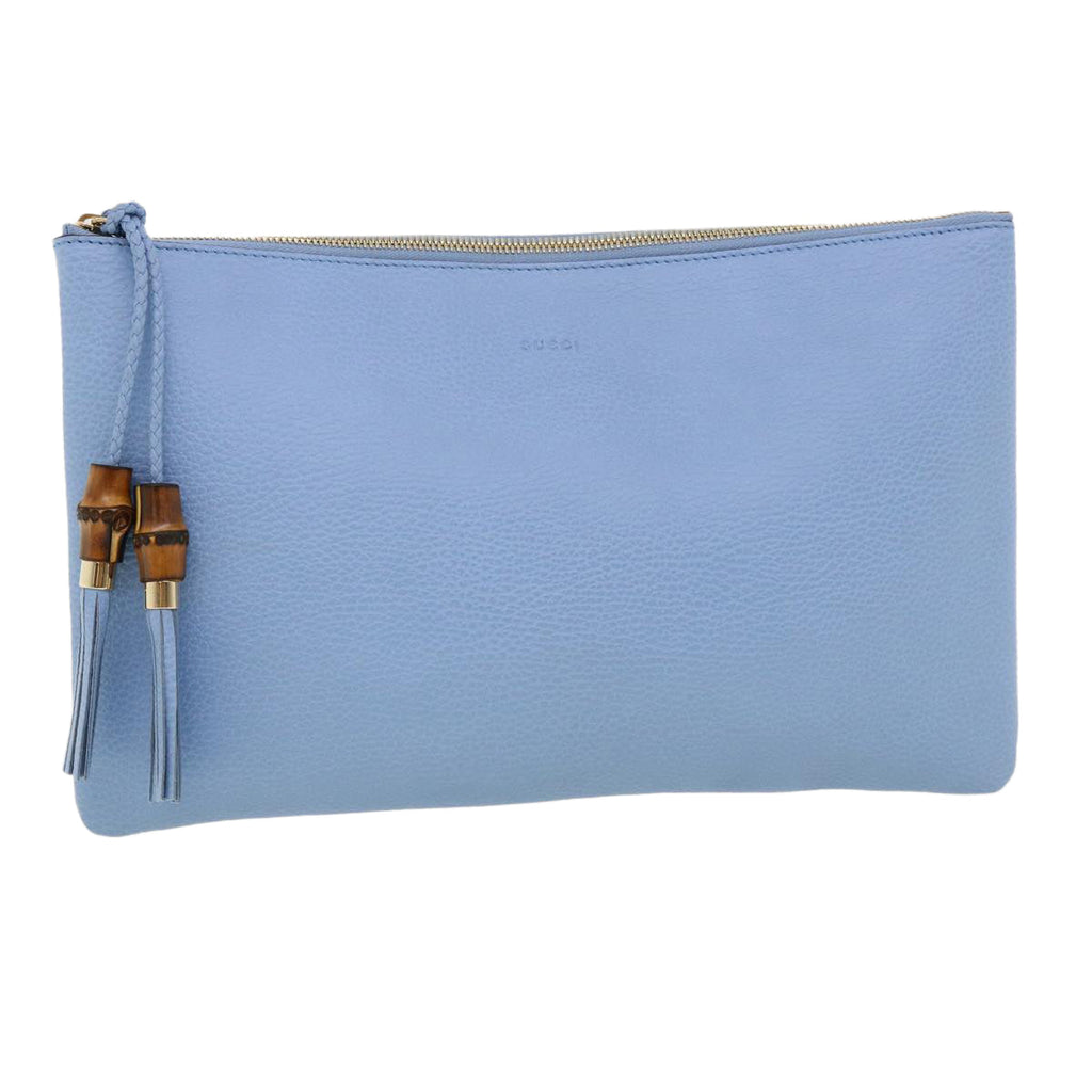GUCCI Bamboo Fringe Clutch Bag Leather Light Blue ki2160