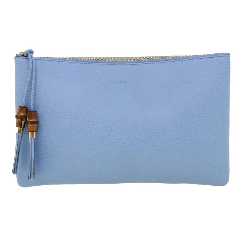 GUCCI Bamboo Fringe Clutch Bag Leather Light Blue ki2160