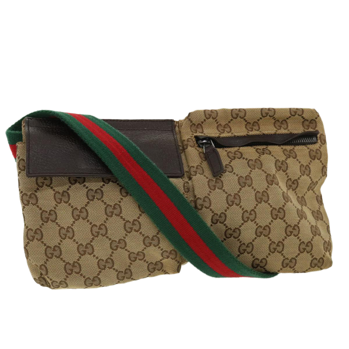 GUCCI Web Sherry Line GG Canvas Waist Bag Beige Green Red 28566 ki2644
