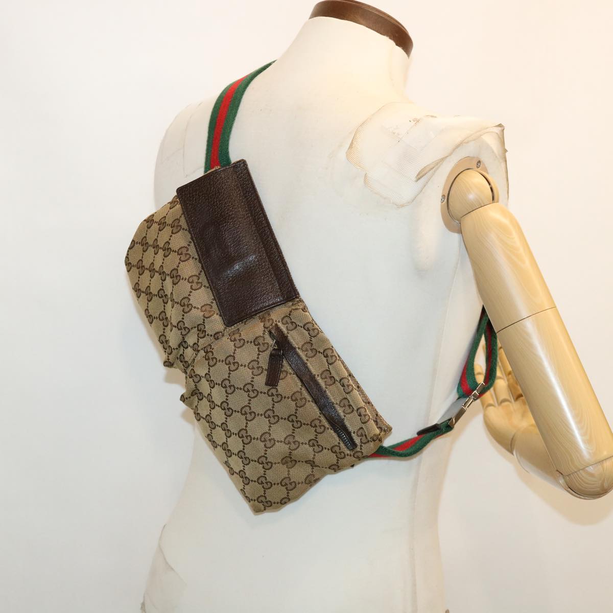 GUCCI Web Sherry Line GG Canvas Waist Bag Beige Green Red 28566 ki2644