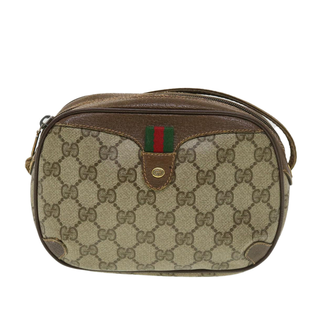 GUCCI GG Canvas Web Sherry Line Shoulder Bag PVC Leather Beige Green ki2800