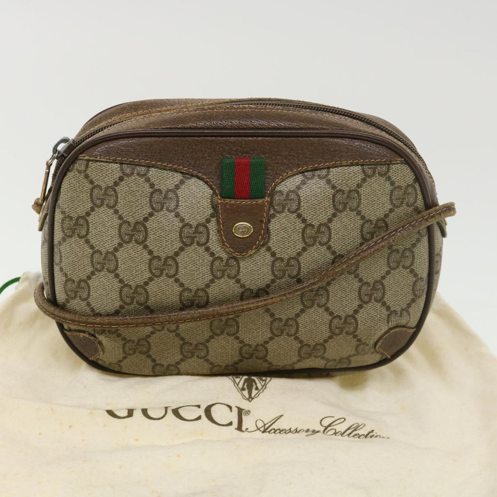 GUCCI GG Canvas Web Sherry Line Shoulder Bag PVC Leather Beige Green ki2800