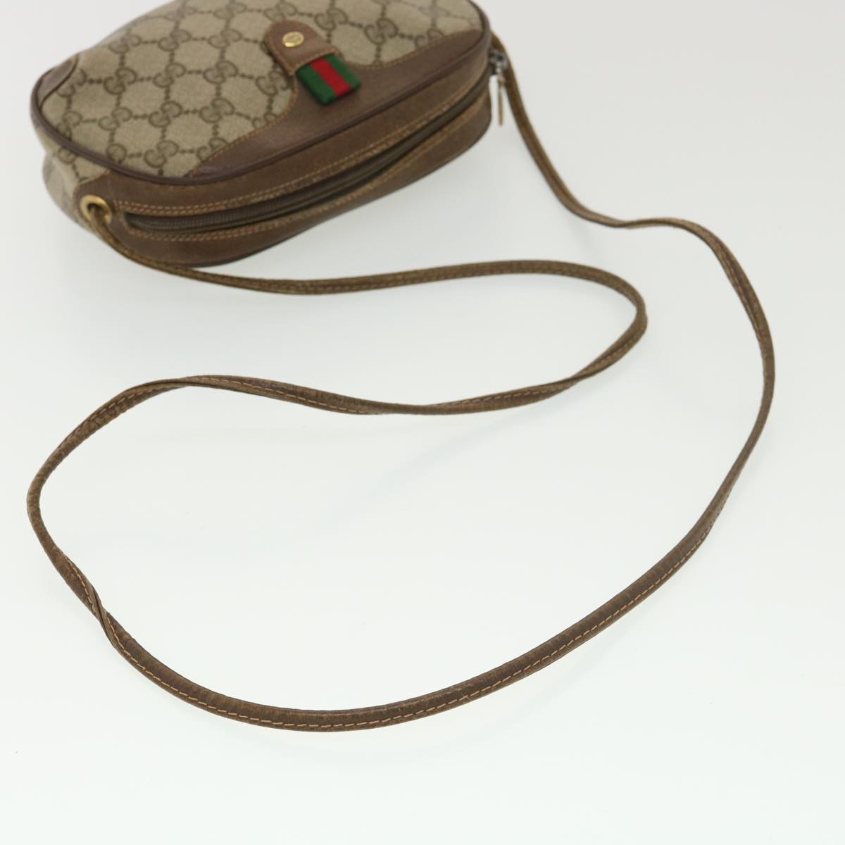 GUCCI GG Canvas Web Sherry Line Shoulder Bag PVC Leather Beige Green ki2800