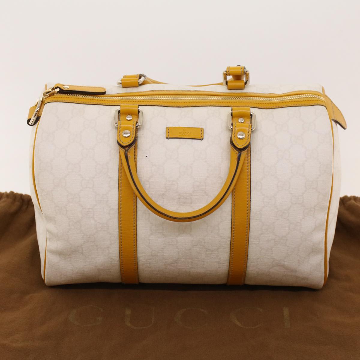 GUCCI GG Canvas Boston Bag PVC Leather White Yellow 193603 ki2920
