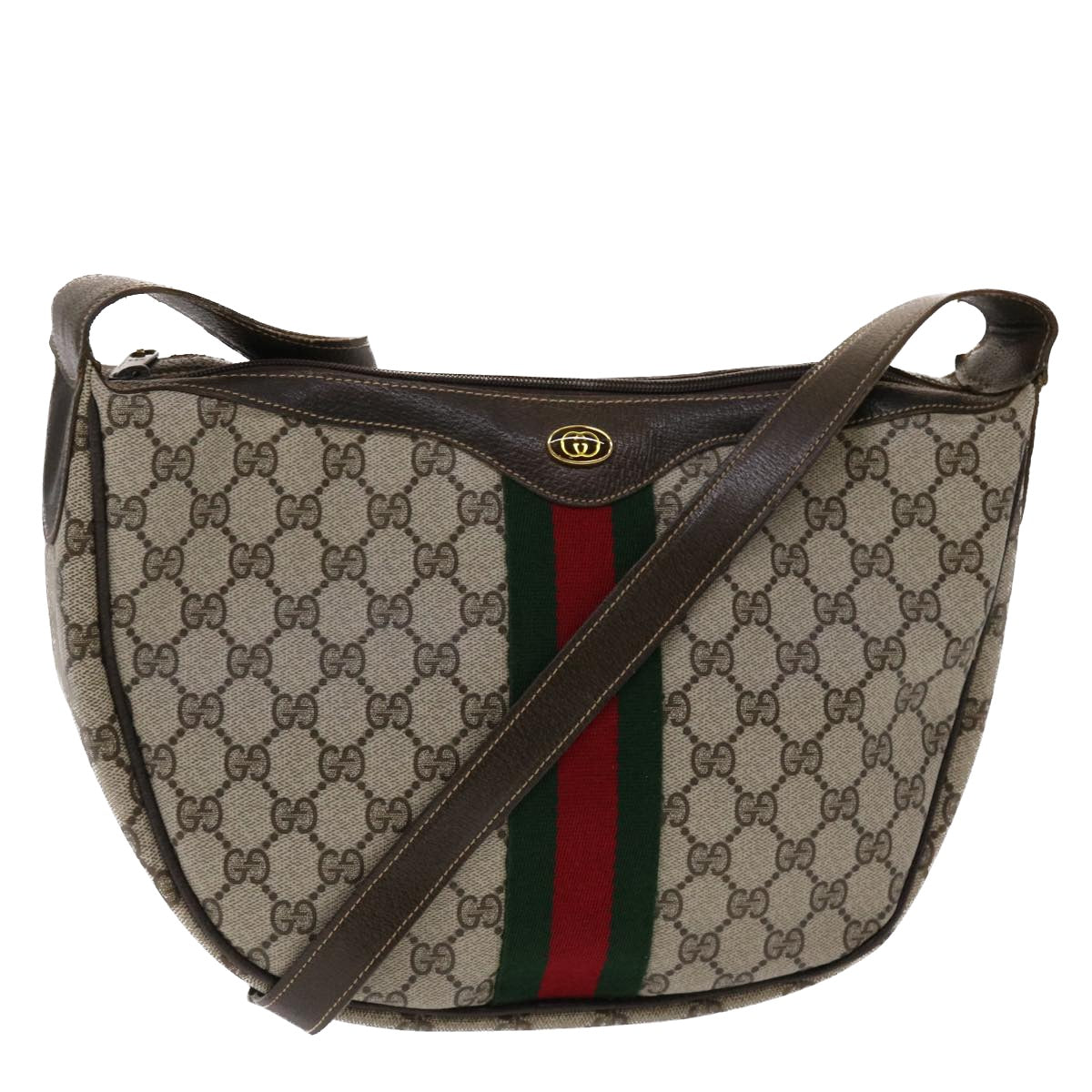 GUCCI GG Canvas Web Sherry Line Shoulder Bag PVC Leather Beige Green ki3157