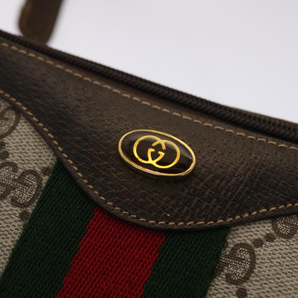 GUCCI GG Canvas Web Sherry Line Shoulder Bag PVC Leather Beige Green ki3157