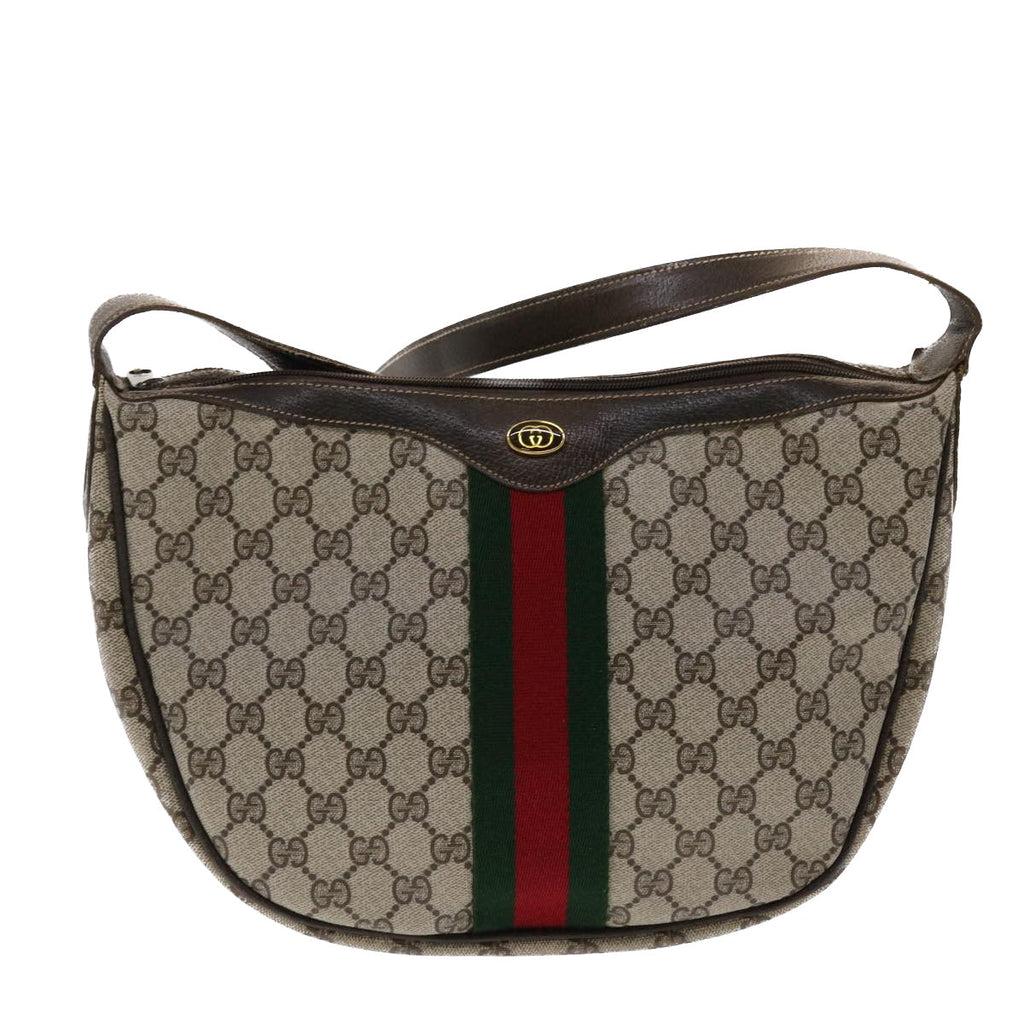 GUCCI GG Canvas Web Sherry Line Shoulder Bag PVC Leather Beige Green ki3157