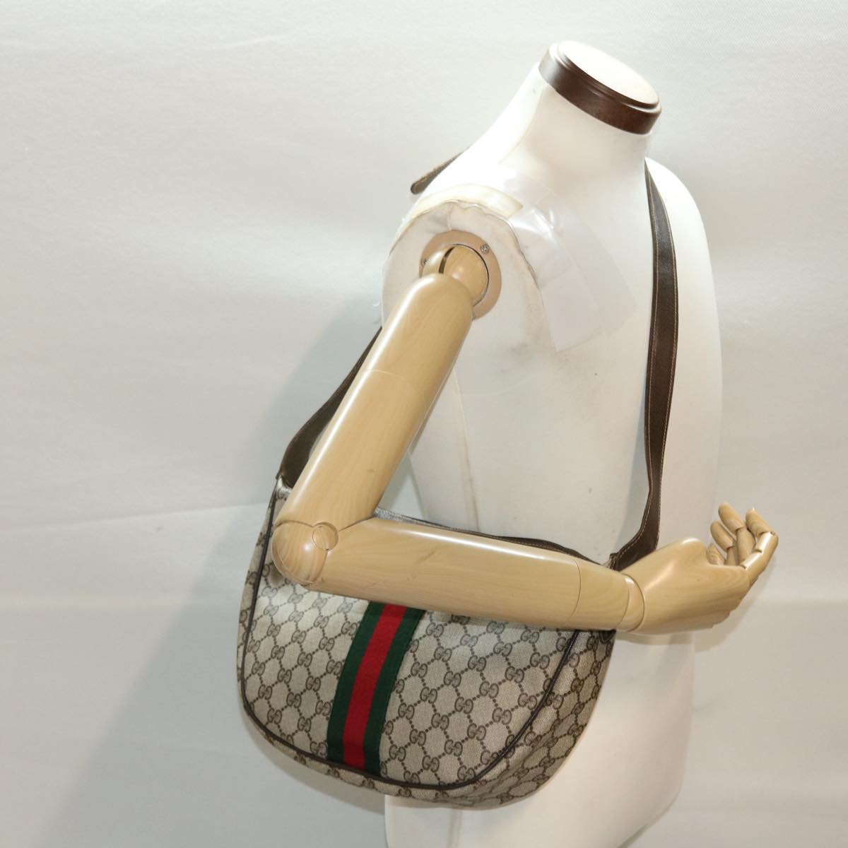 GUCCI GG Canvas Web Sherry Line Shoulder Bag PVC Leather Beige Green ki3157