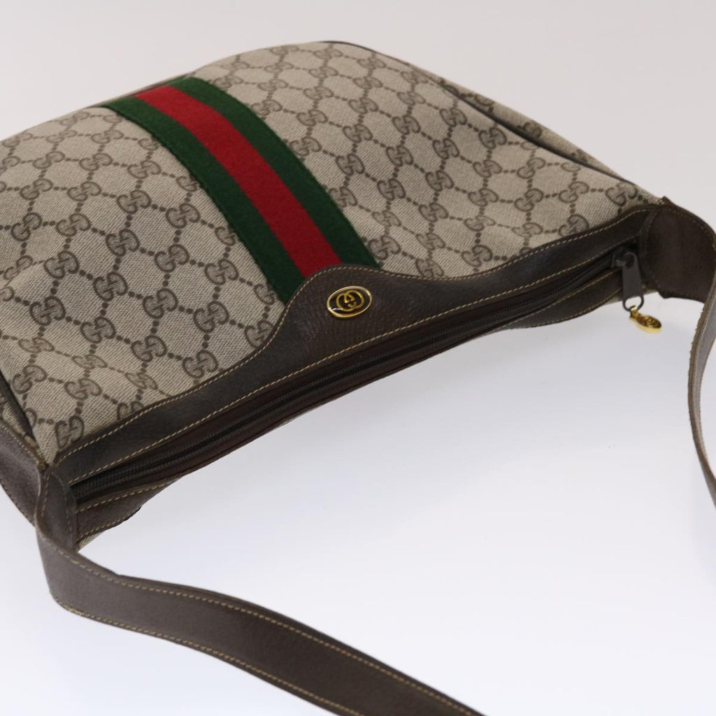 GUCCI GG Canvas Web Sherry Line Shoulder Bag PVC Leather Beige Green ki3157