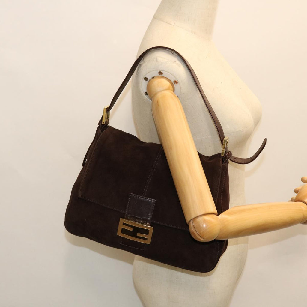 FENDI Mamma Baguette Shoulder Bag Suede Brown ki3319