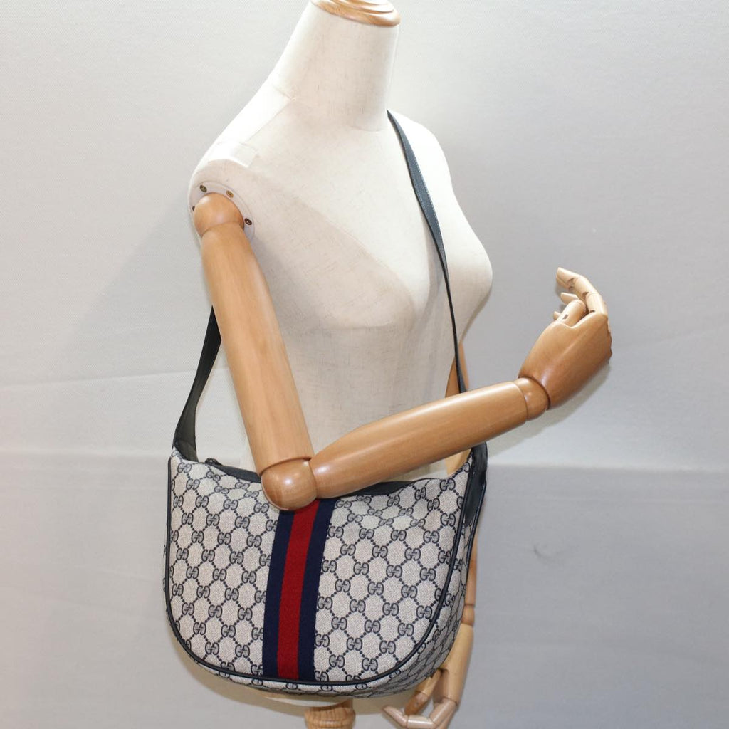GUCCI GG Canvas Sherry Line Shoulder Bag PVC Leather Gray Navy Red ki3382